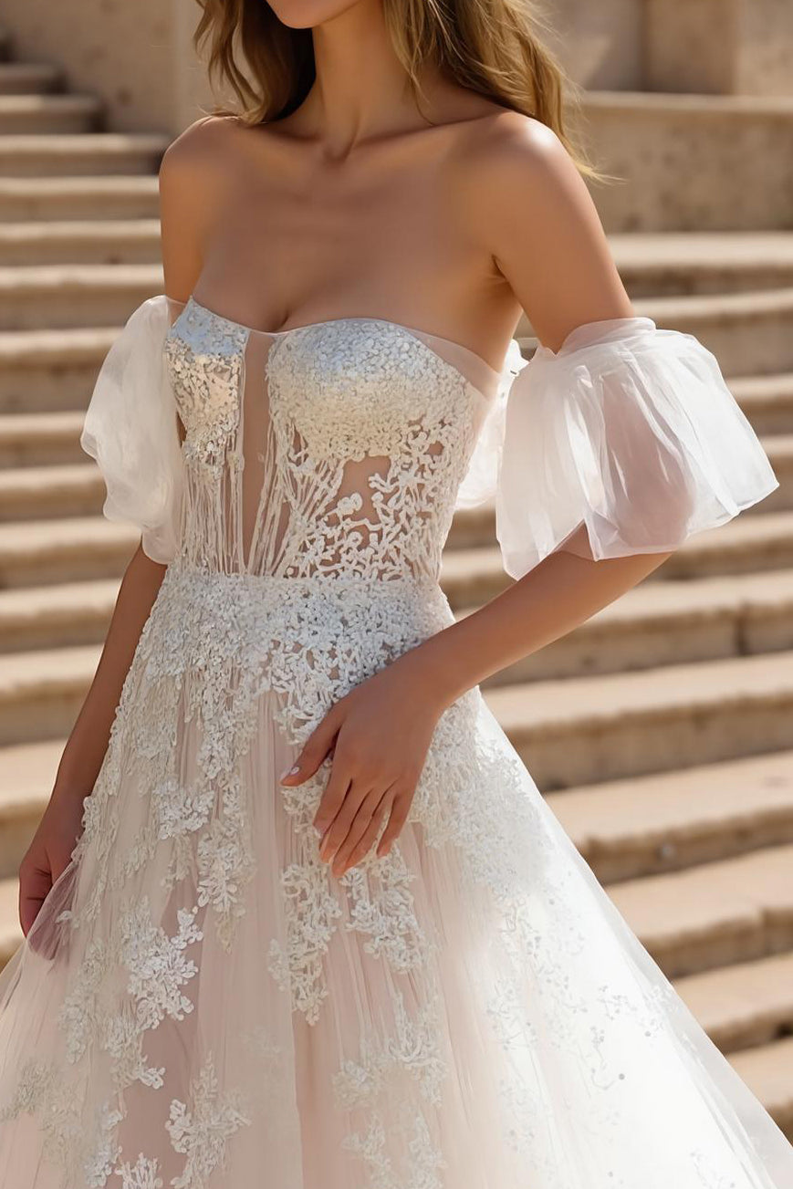 Off The Shoulder Ivory Appliqued Sweep Train Wedding Dress