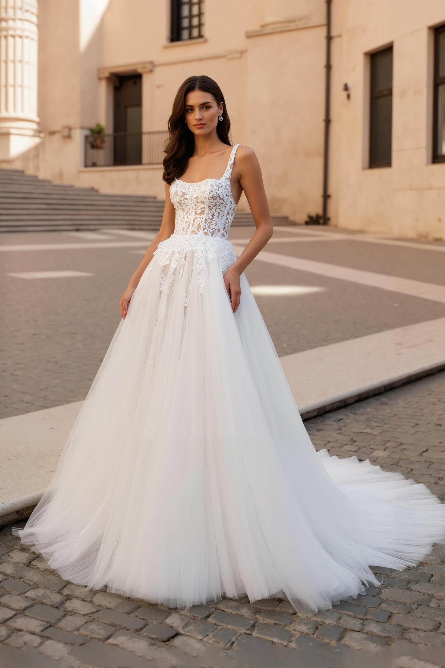 Ivory A Line Square Neck Corset Tulle Court Train Wedding Dress With Lace