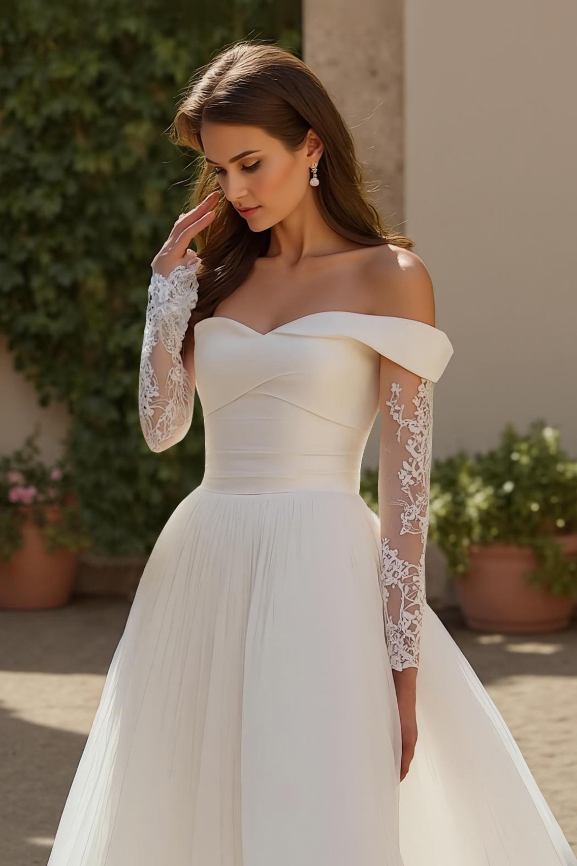 Ivory A Line Off The Shoulder Tulle Court Train Wedding Dress With Lace