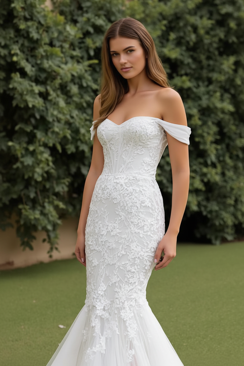Ivory Lace Tulle Off The Shoulder Corset Mermaid Wedding Dress