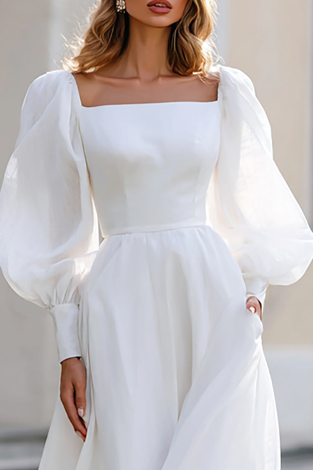 Square Neck Long Sleeves A Line Wedding Dress