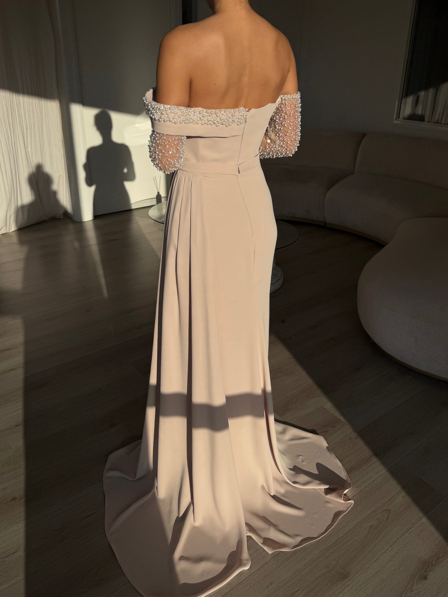 Beige Off Shoulder Long Beaded Sleeves Ruched Sheath Evening Formal Dress