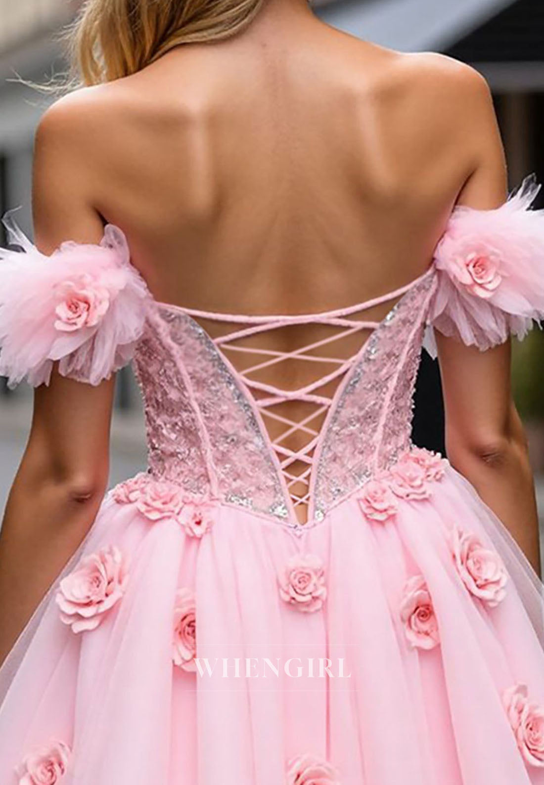 Pale Blush Sweetheart Beaded Lace Off Shoulder Flowers Tulle A-Line Short Homecoming Dress