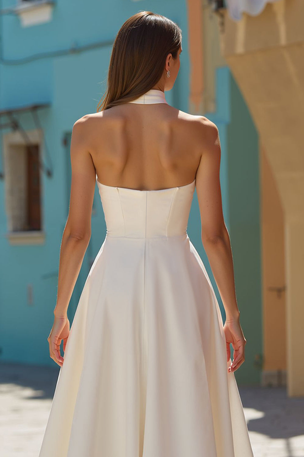 White Satin Halter A Line Midi Engagement Dress