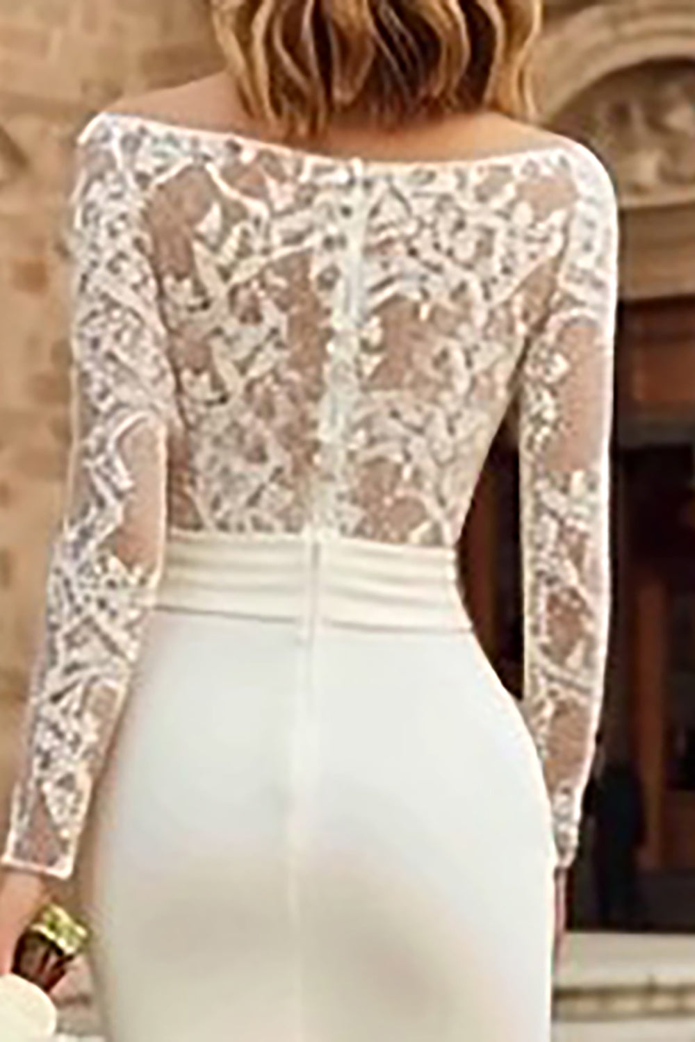 Ivory Bateau Neck Bodycon Midi Wedding Dress with Sleeves