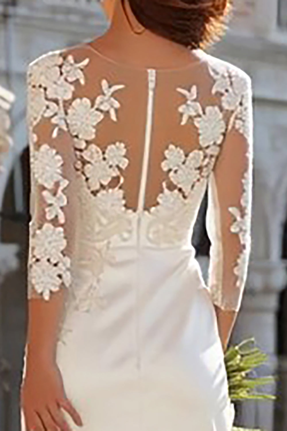 Ivory Sheath Appliqued Long Wedding Dress with Slit