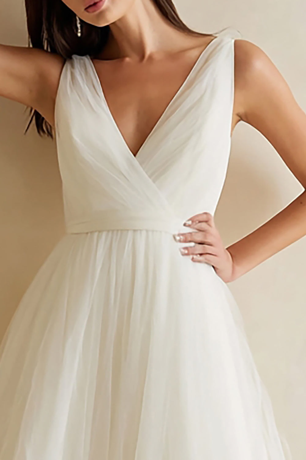 White Tulle A Line V-Neck Ankle Length Rehearsal Dinner Dress