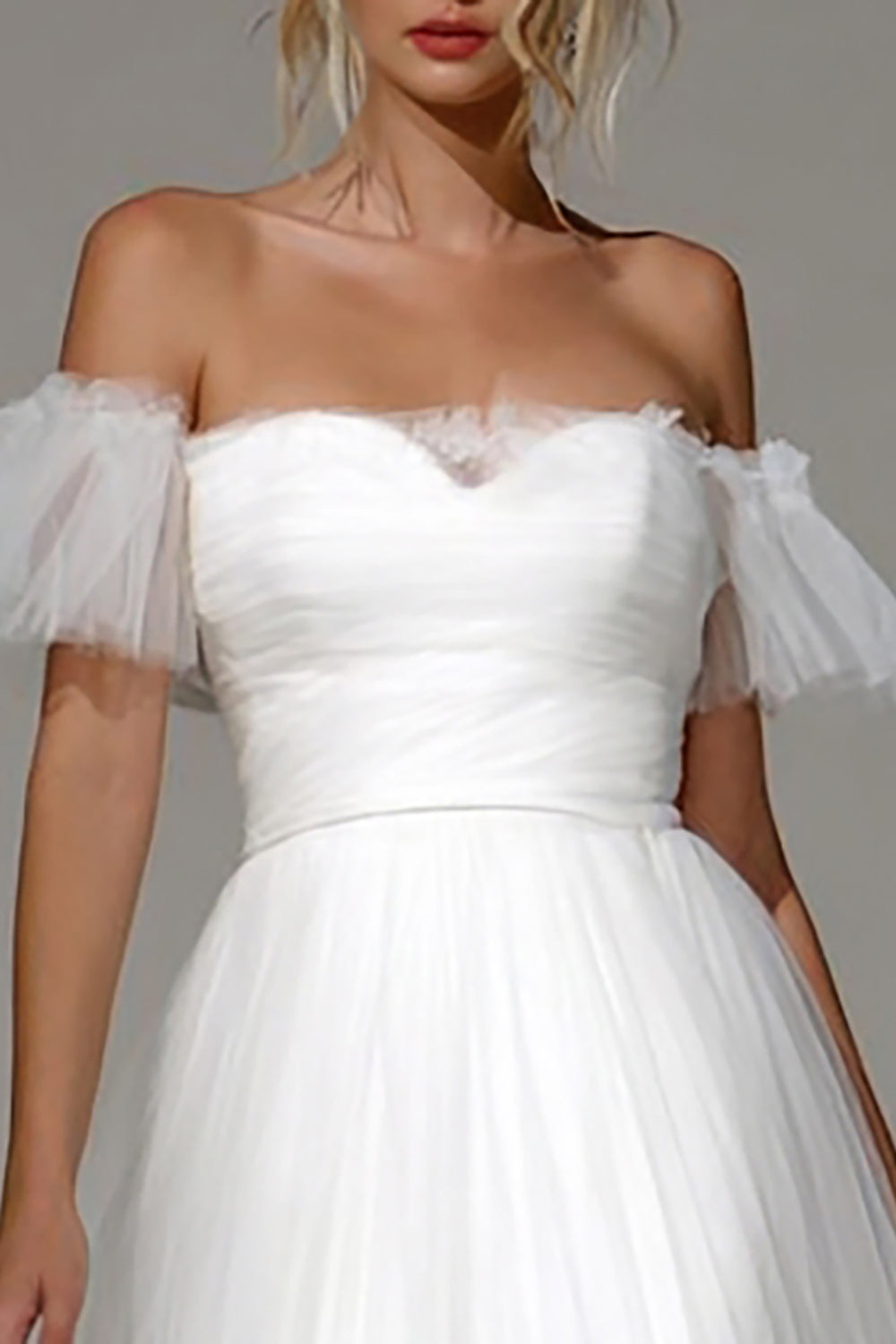 White Off the Shoulder Tulle A Line Midi Engagement Dress