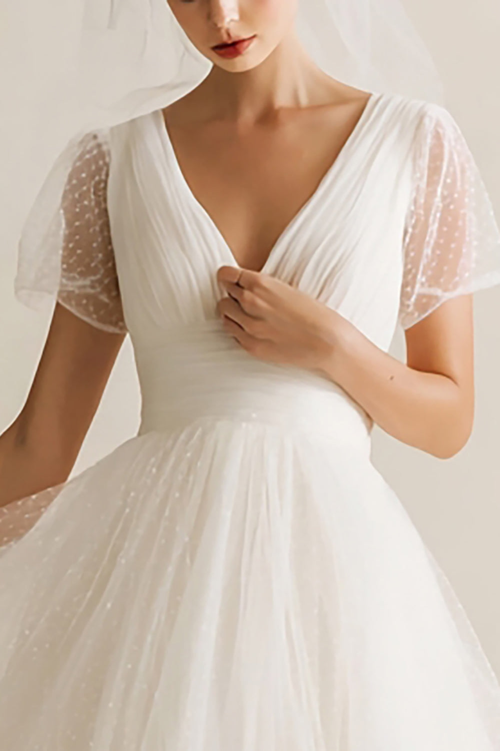 White Tulle V-Neck A Line Dots Midi Wedding Dress