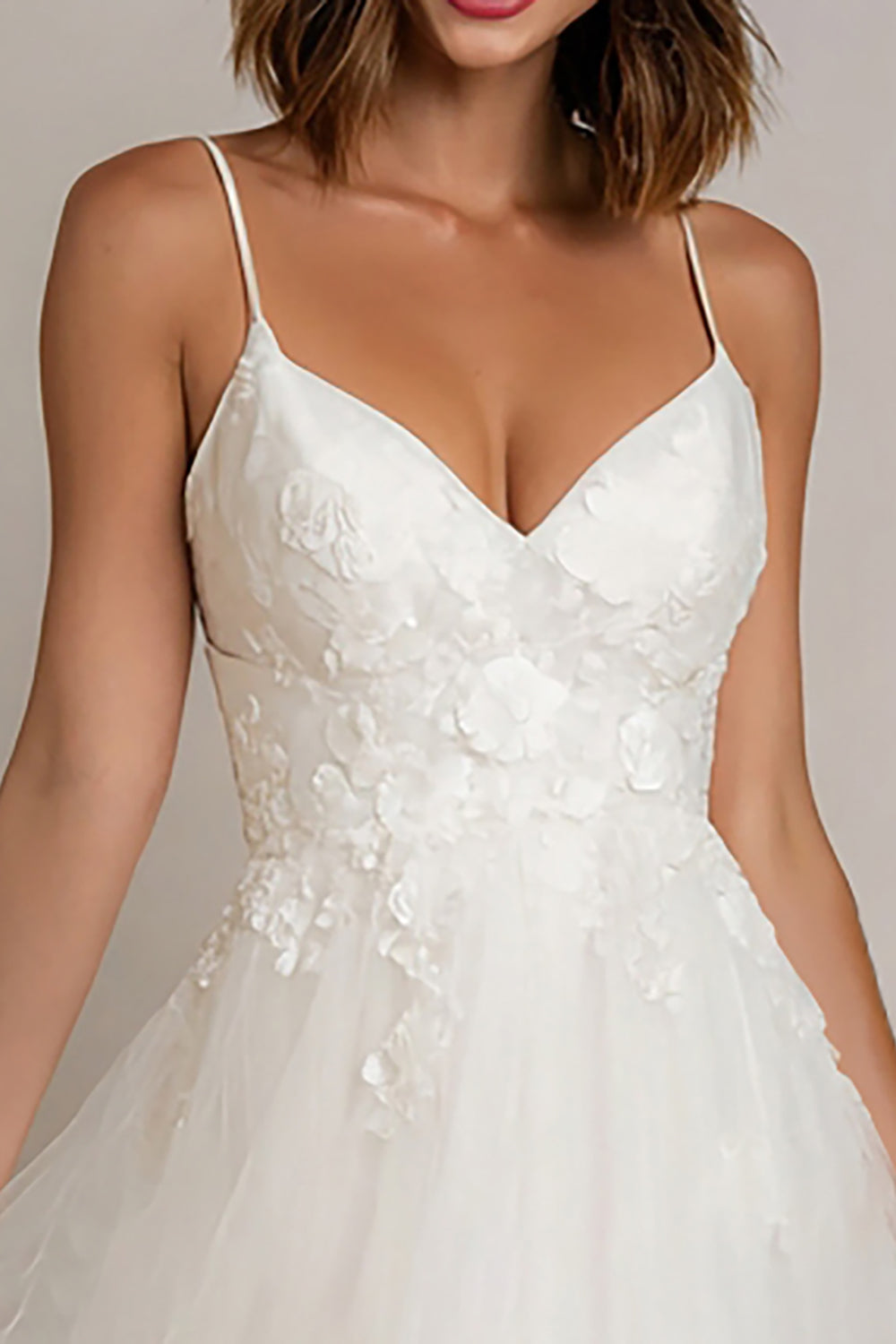 White Spaghetti Straps Tulle Midi Engagement Dress with Lace