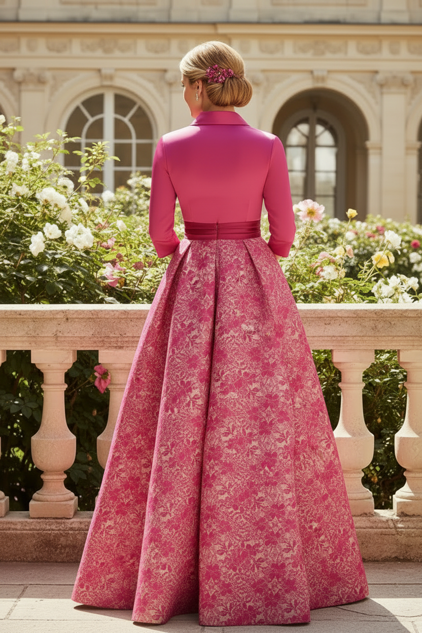 Fuchsia Floral Lapel Neck Long A Line Satin Mother of the Bride Dress with Slit
