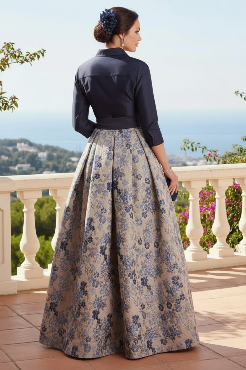 Navy Jacquard 3/4 Sleeves A-Line Long Mother of the Bride Dress with Bowknot
