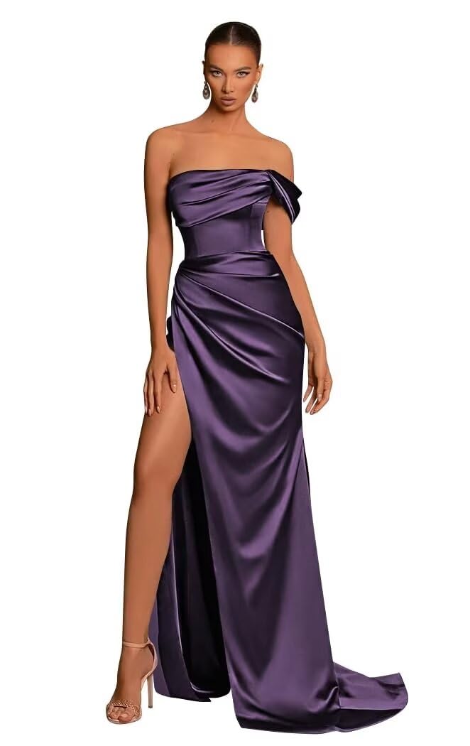 Chic One Shoulder Sleeveless Side Slit Pleats Satin Party Dress with Train Bridesmaid Dress