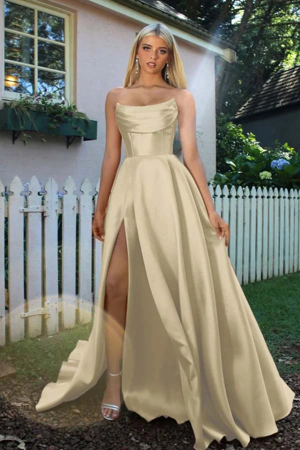 Candy Pink Split A-Line Prom Dress with Pockets