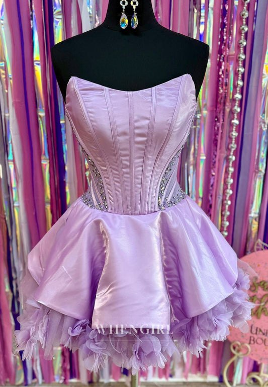 Lilac Scoop Neck Sleeveless A-Line Beaded Floral Short Homecoming Dress