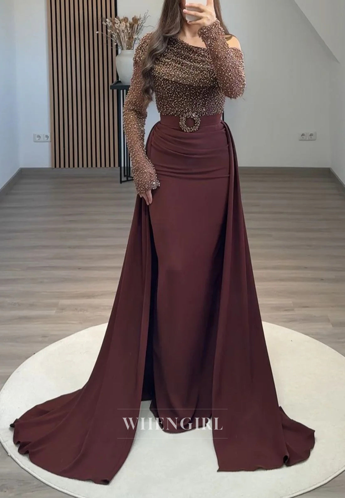 Asymmetrical Neck Beaded Long Sleeves Sheath Sweep Train Evening Formal Dress