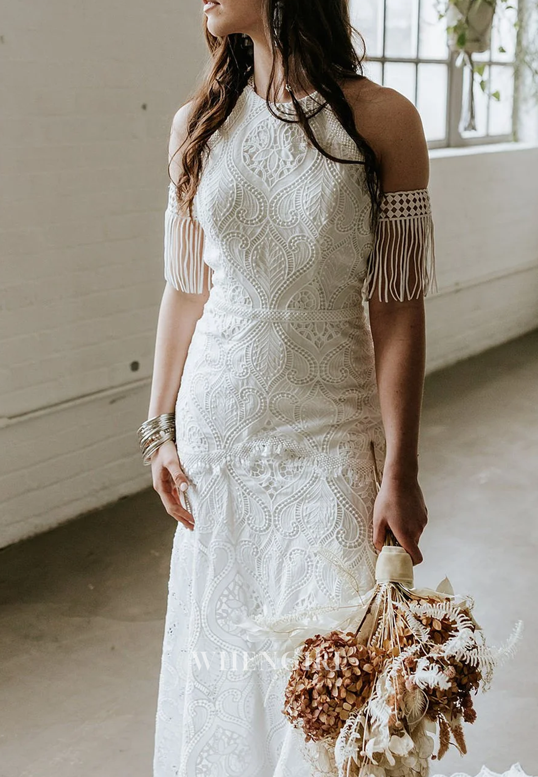 Sheath Halter Lace Tassel Sleeveless Sweep Train Beach Boho Wedding Dress
