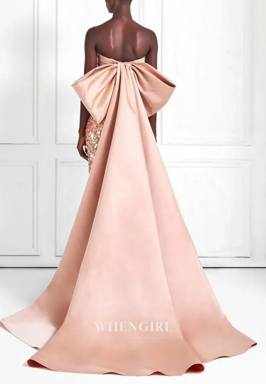 Pink Tube Top Sleeveless Bowknot Sequins Beading Sheath Long Formal Evening Dress