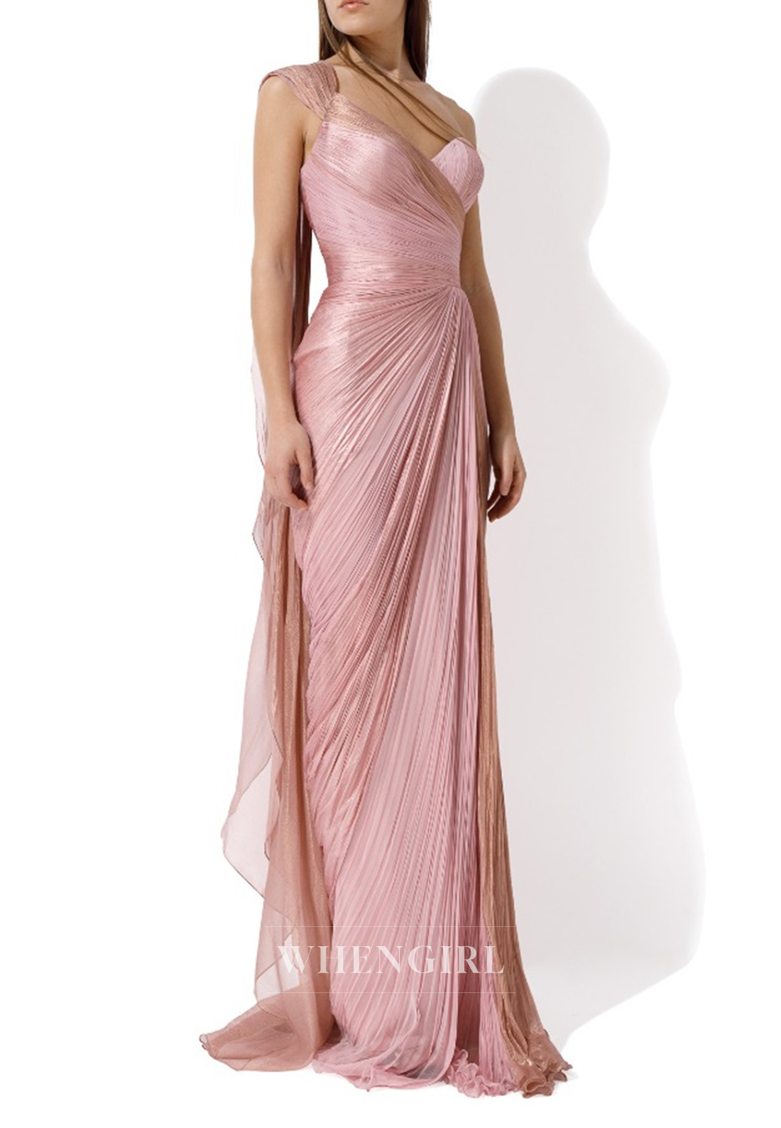 Light Pink One Shoulder Sleeveless Side Slit Pleated Sheath Long Formal Dress Evening Gown