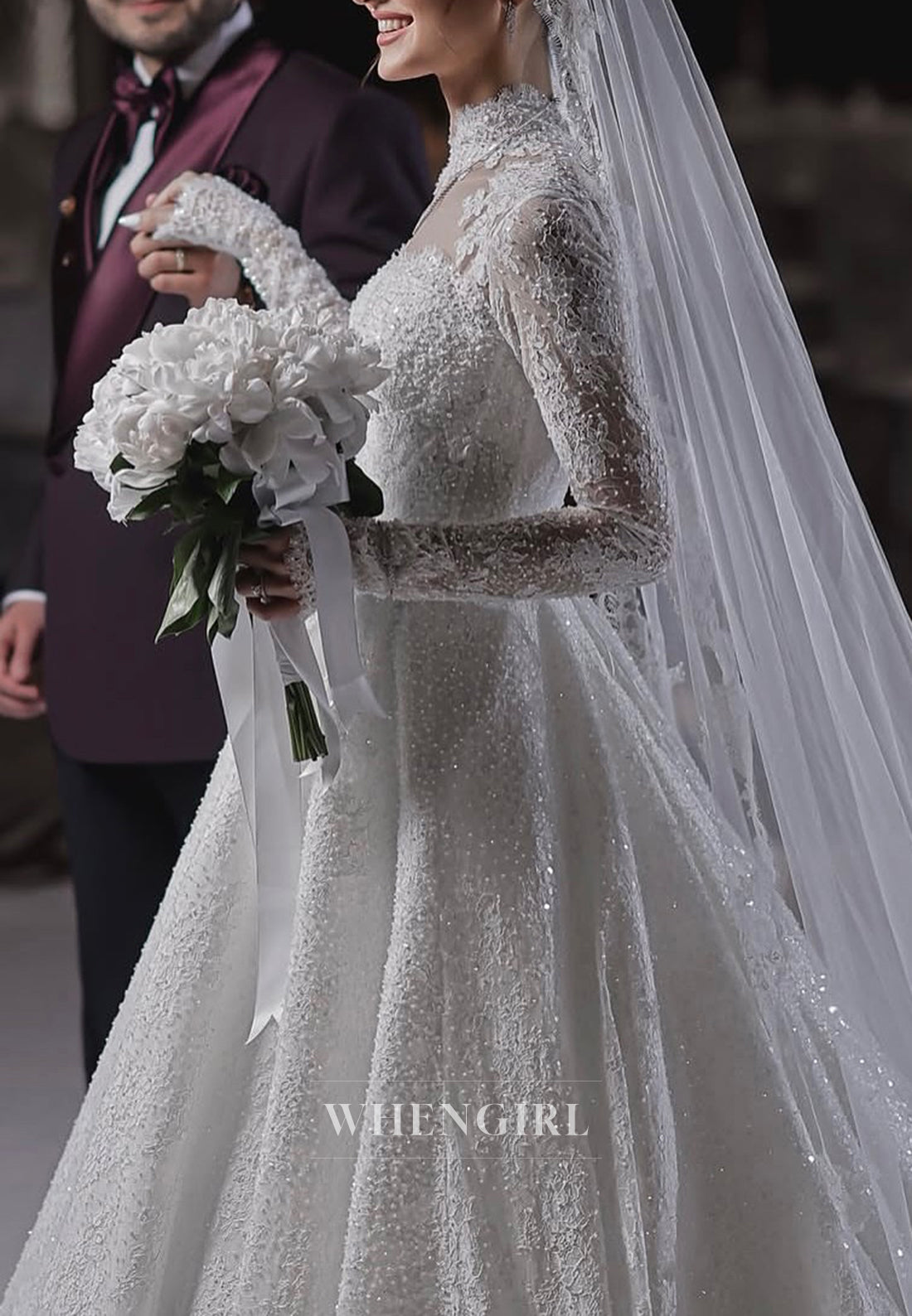 High Neck Long Sleeves Appliqued Lace Beaded A-Line Court Train Wedding Dress