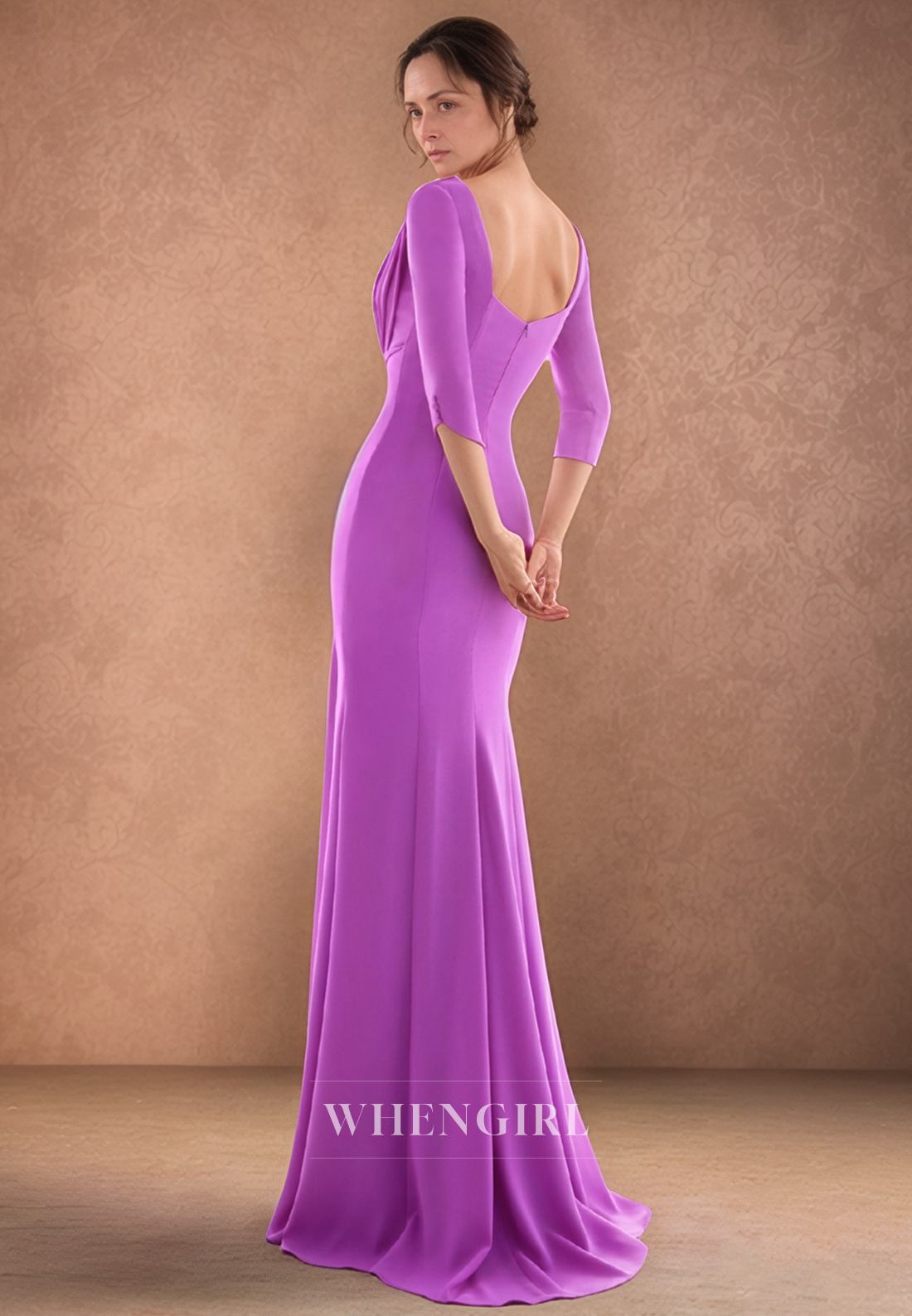 Sheath Scoop Pleats 3/4 Sleeves Elegant Mother of the Bride Dress