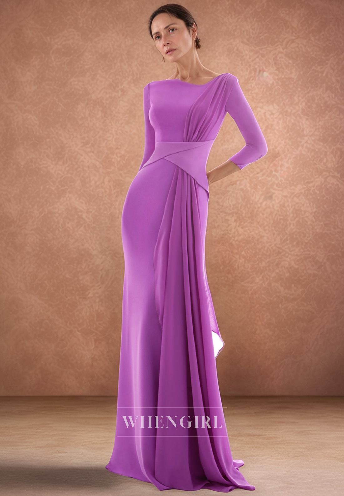 Sheath Scoop Pleats 3/4 Sleeves Elegant Mother of the Bride Dress