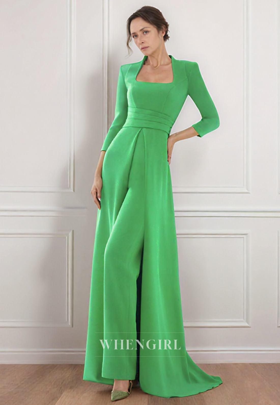 Unique Square Neckline 3/4 Sleeves Pantsuit Elegant Mother of the Bride Dress