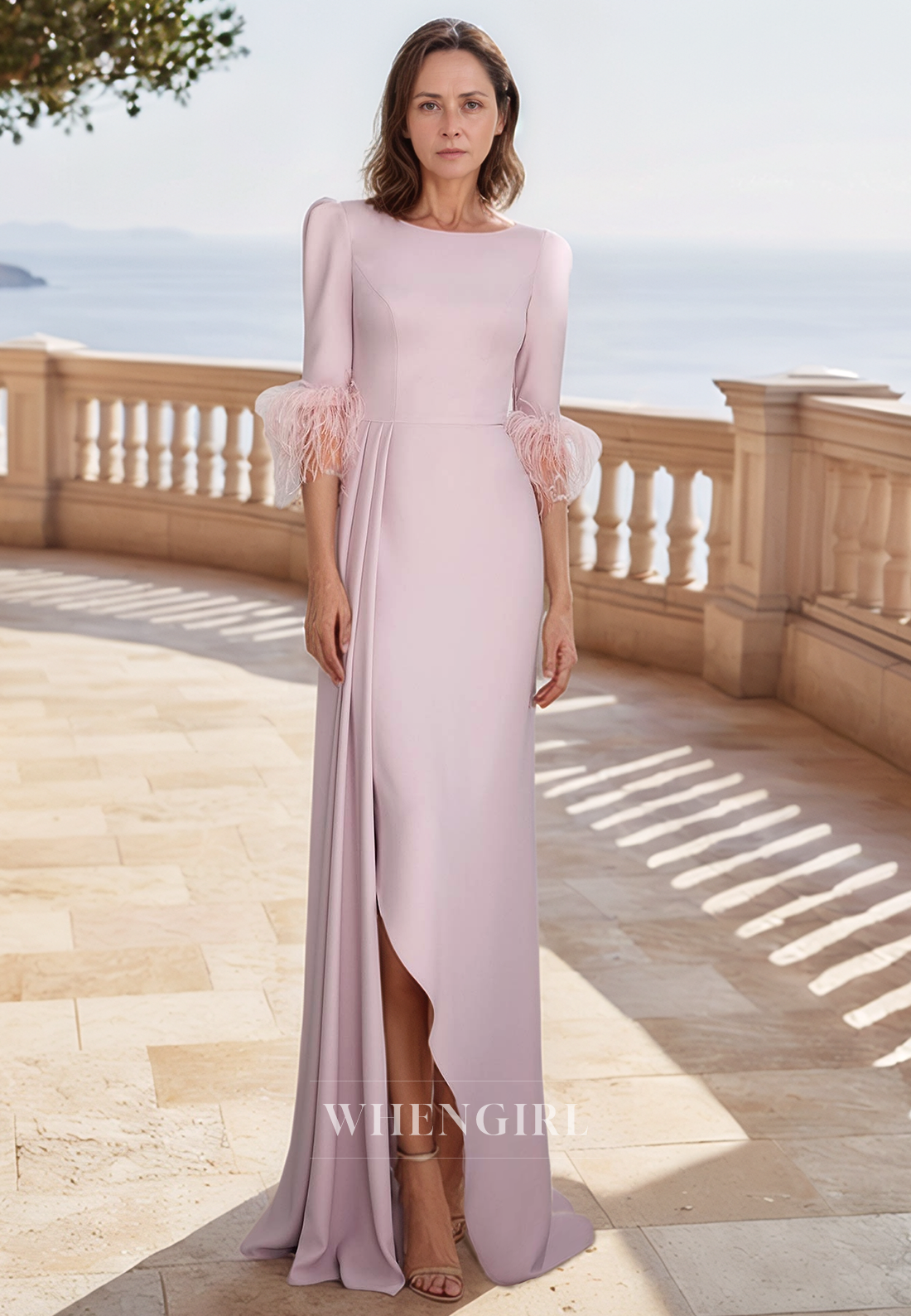 Column Scoop Half Sleeves Feathers Elegant Long Mother of the Bride Dress with Slit
