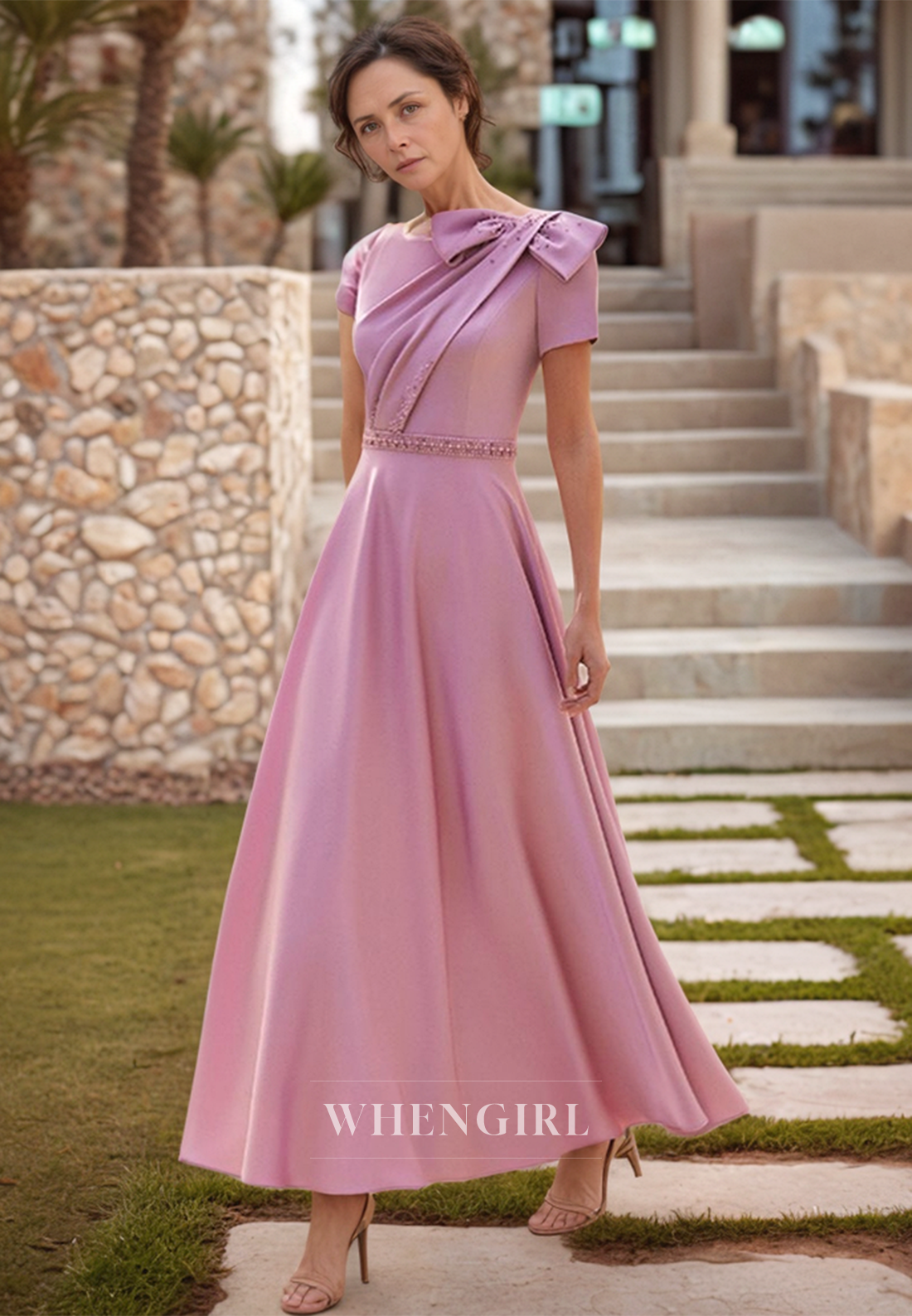 A Line Bateau Beading Short Sleeves Elegant Mother of the Bride Dress Cocktail Dress