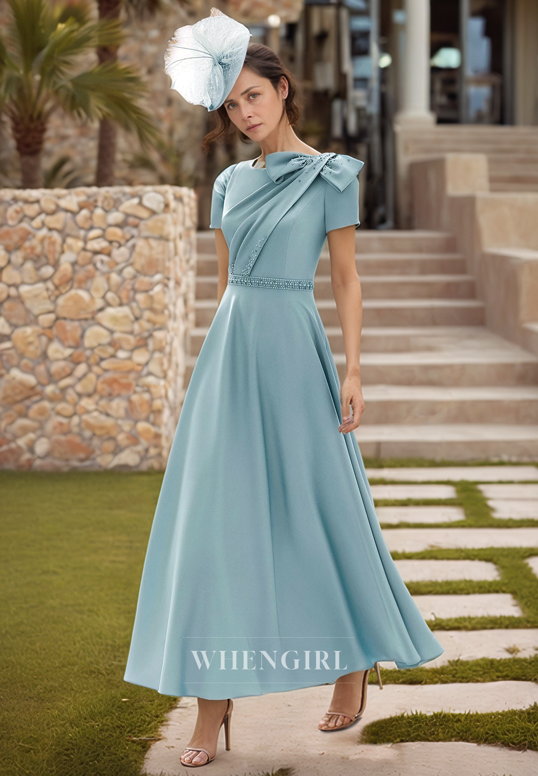 A Line Bateau Beading Short Sleeves Elegant Mother of the Bride Dress Cocktail Dress