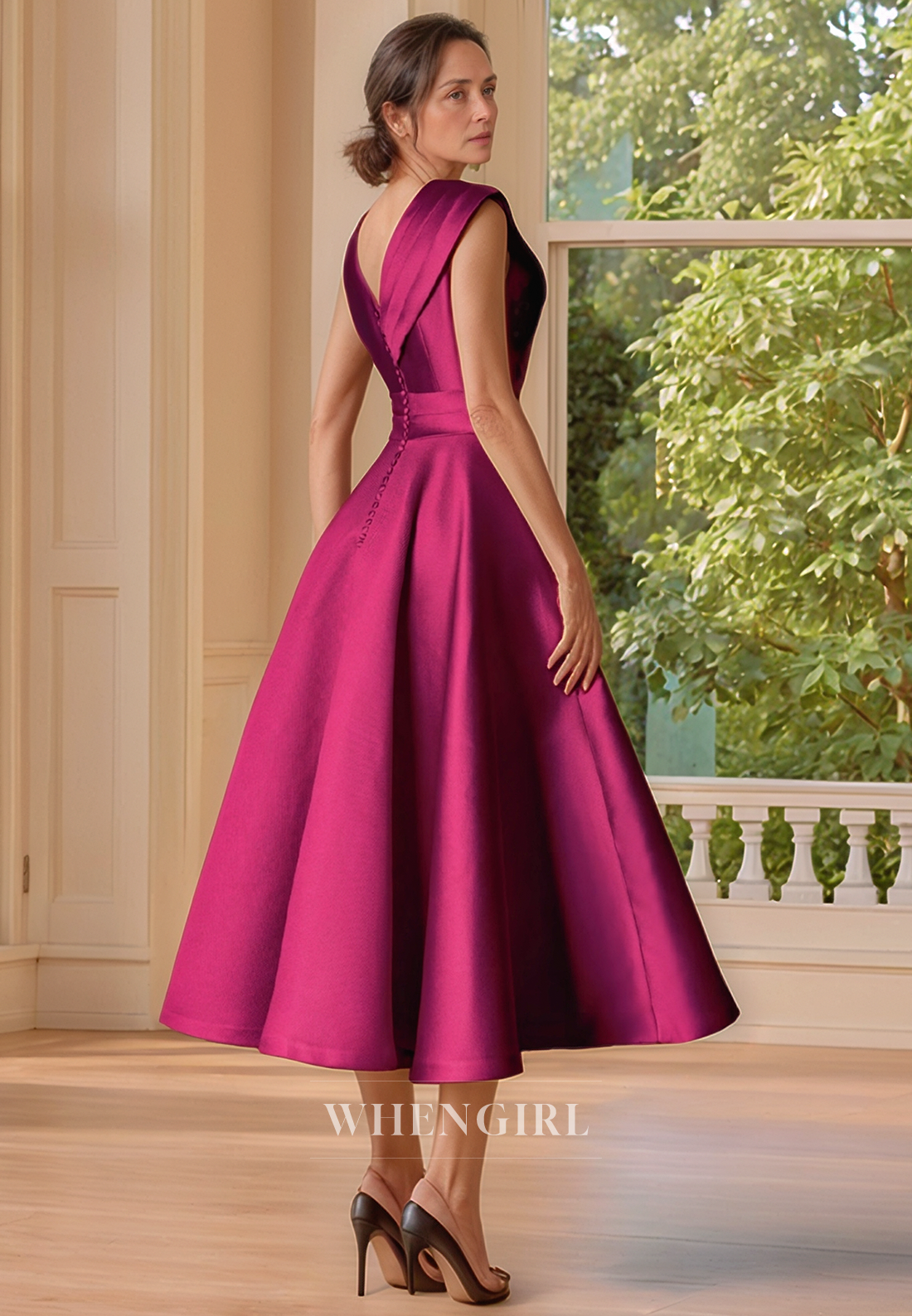 A Line V Neck Satin Pleats Tea Length Mother of the Bride Dress Elegant Cocktail Dress