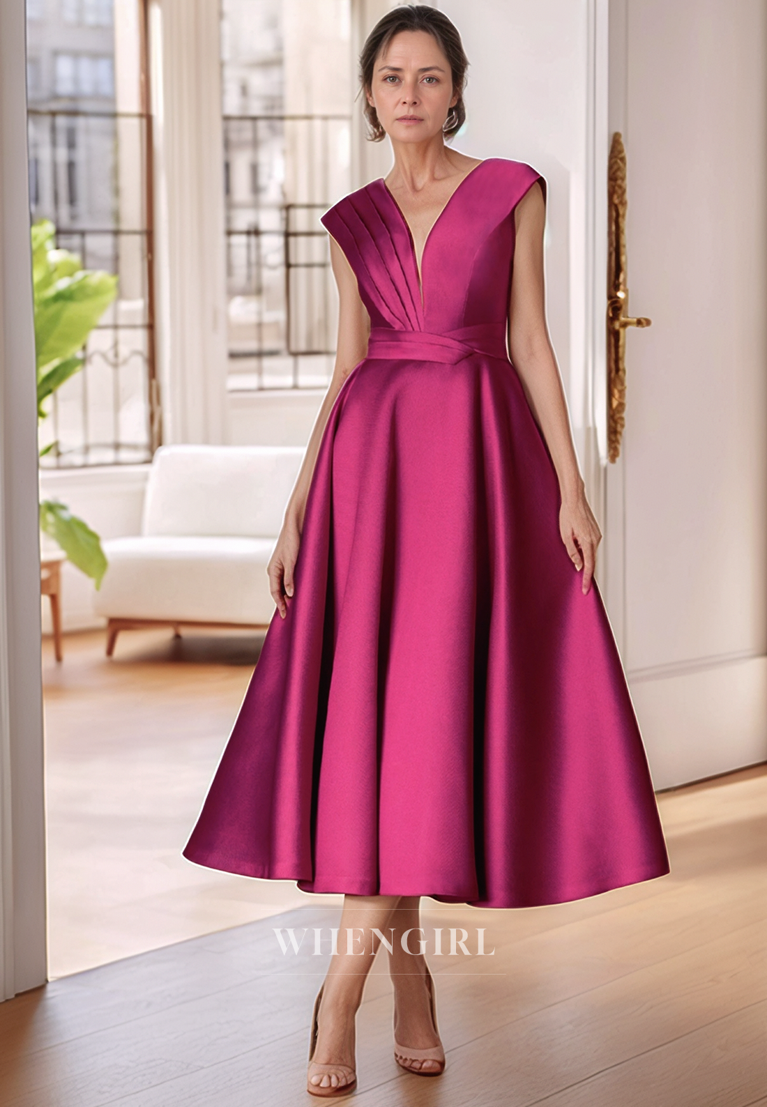 A Line V Neck Satin Pleats Tea Length Mother of the Bride Dress Elegant Cocktail Dress