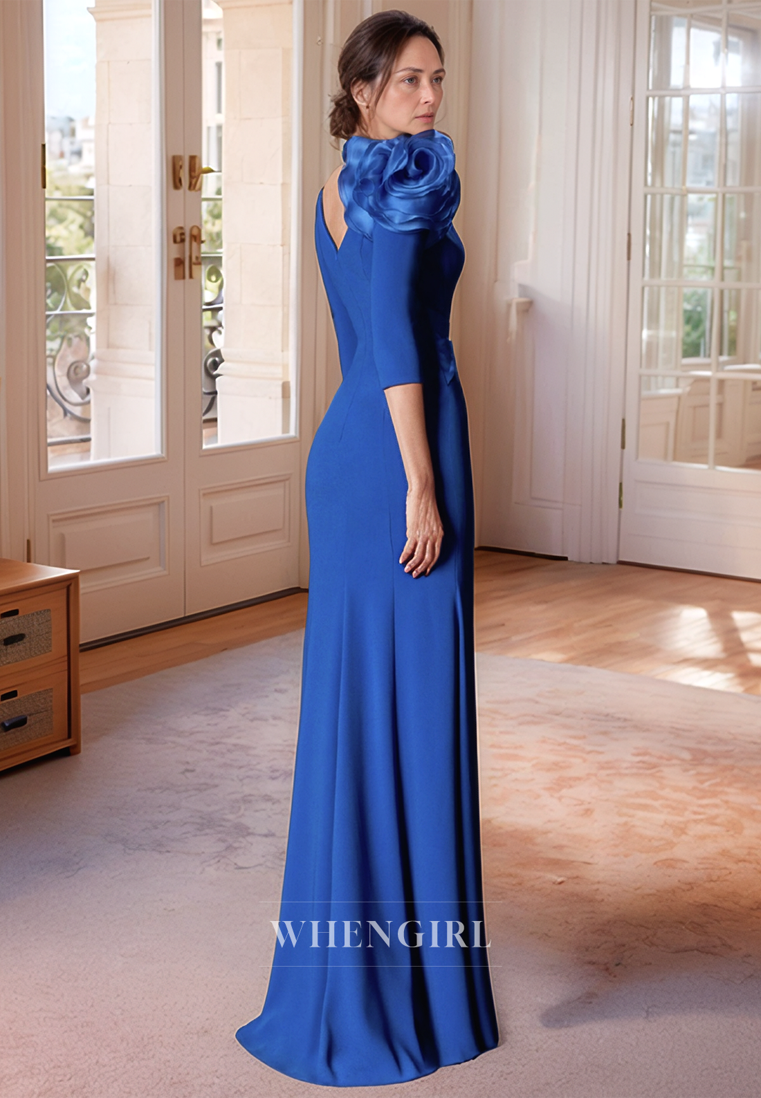 Unique Bateau Neck Flower 3/4 Sleeves Elegant Long Mother of the Bride Dress