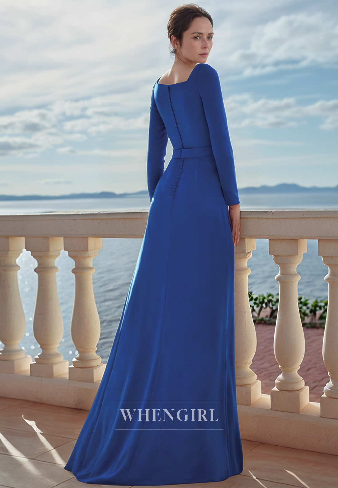 Unique Square Neckline Pleats Side Slit Elegant Mother of the Bride Dress with Long Sleeves