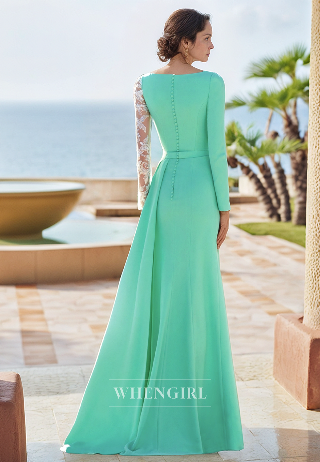 Chic Appliques V Neck Long Sleeves Column Mother of the Bride Dress with Slit