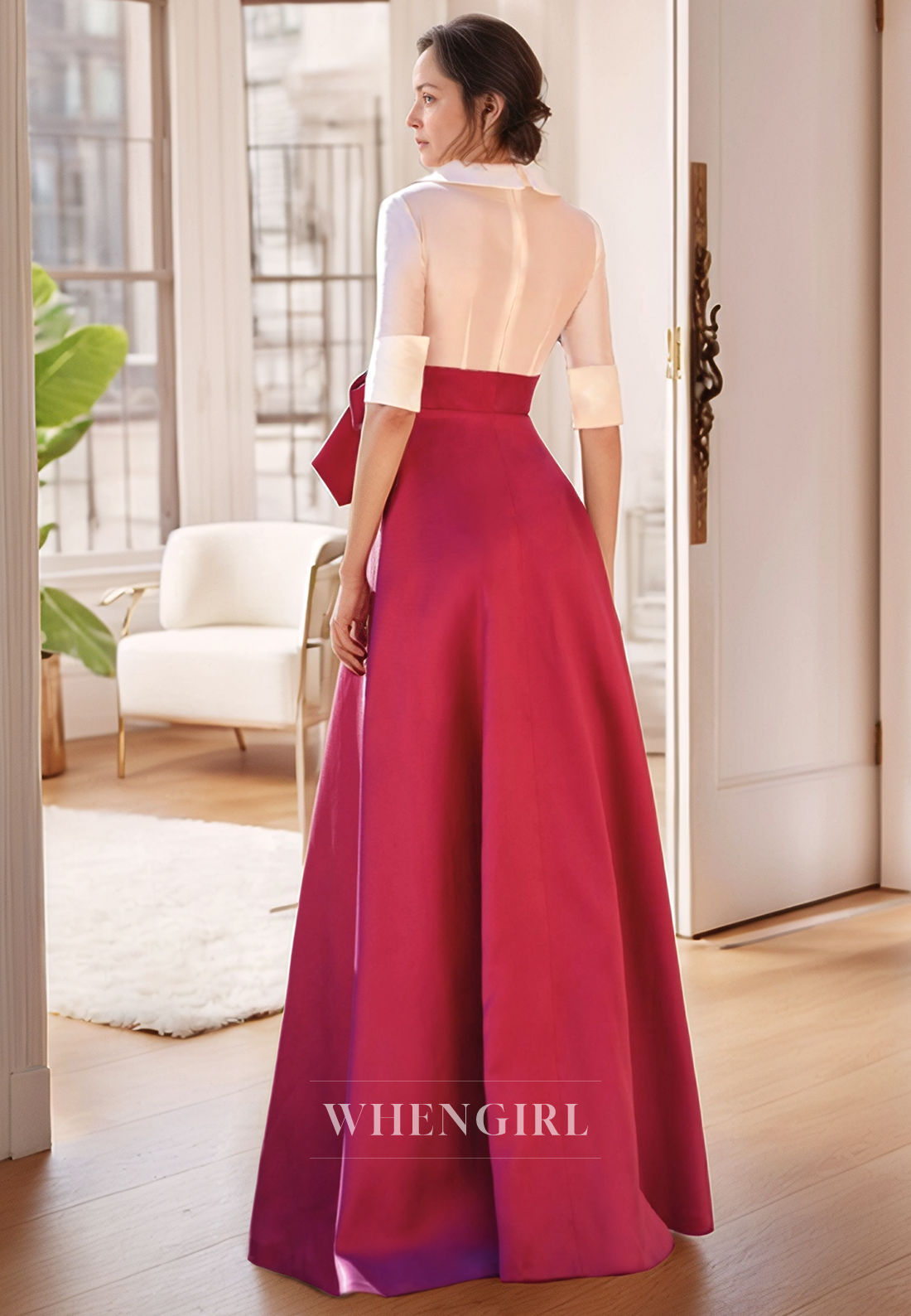 A Line V Neck Half Sleeves Elegant Mother of the Bride Dress Long Formal Dress