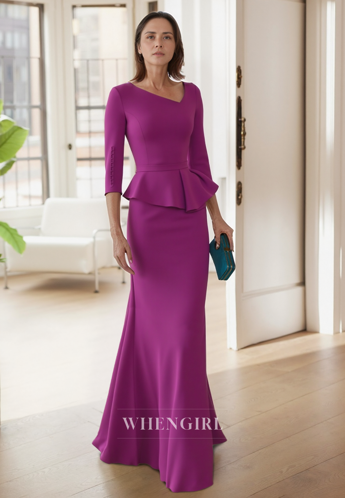 Column 3/4 Sleeves Elegant Long Mother of the Bride Dress WhenGirl Column 3/4 Sleeves Elegant Long Mother of the Bride Dress WhenGirl