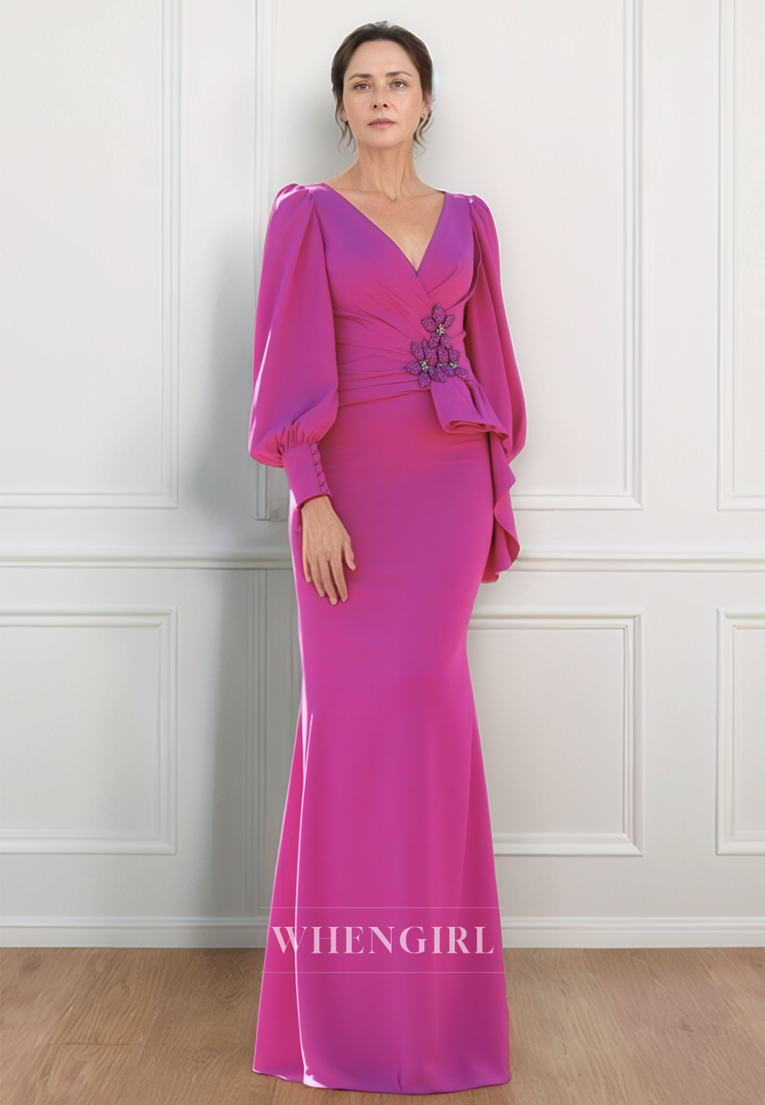 V Neck Long Sleeves Pleats Mermaid Mother of the Bride Dress