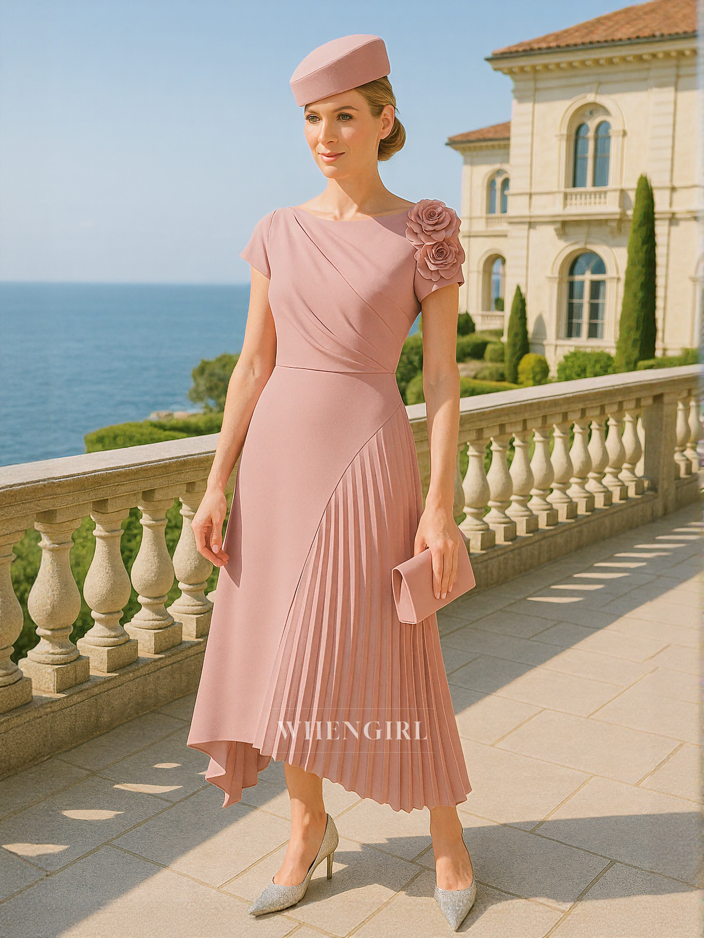 Chic Scoop Flowers Short Sleeves Elegant Short Mother of the Bride Dress