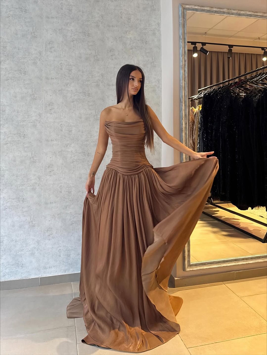 Floor Length Minimalist Brown Straight Across Pleated Sleeveless Prom Dress