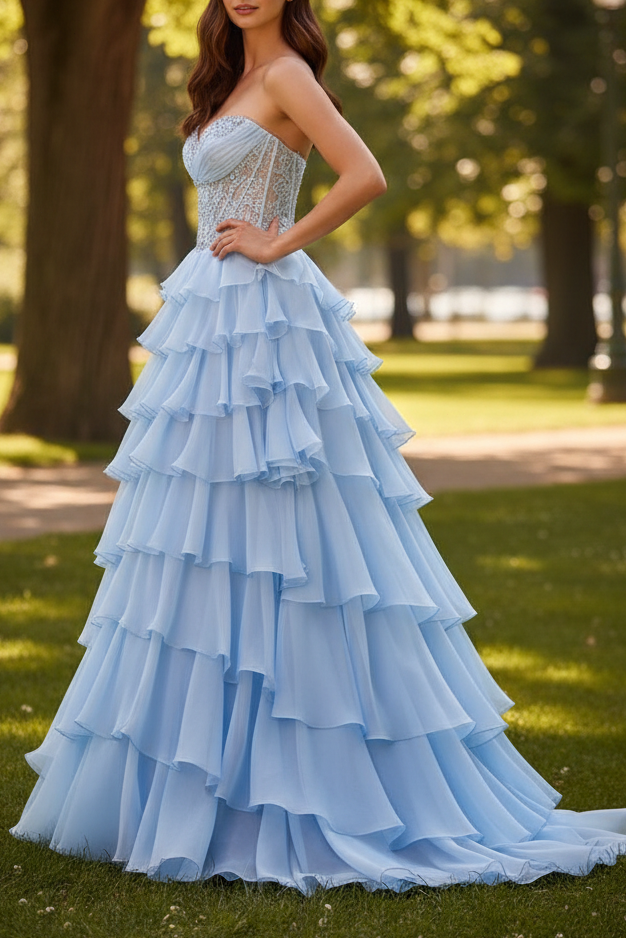 Sky Blue Side Slit Sweetheart Strapless Ruffle Prom Dress