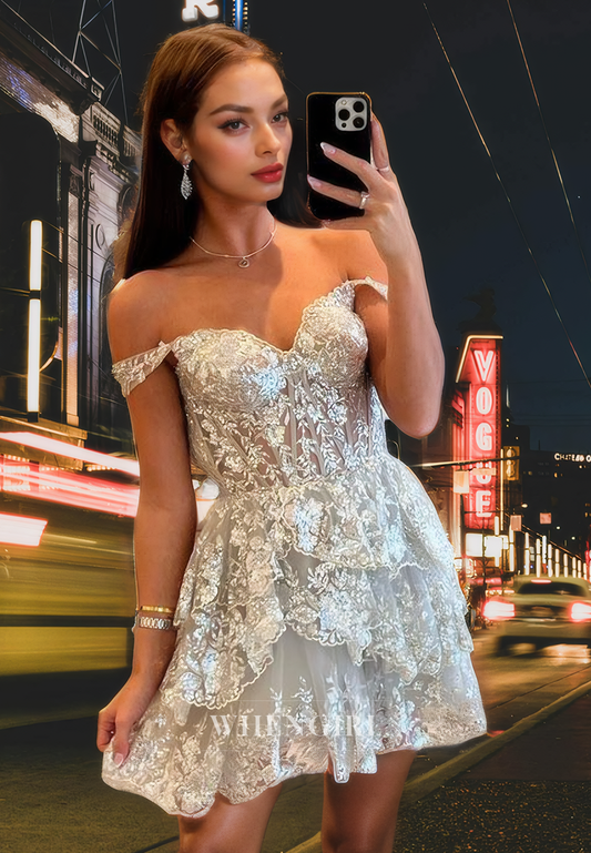 A - Line Off Shoulder Sleeveless Sequines Appliques Tiered Short Homecoming Dress
