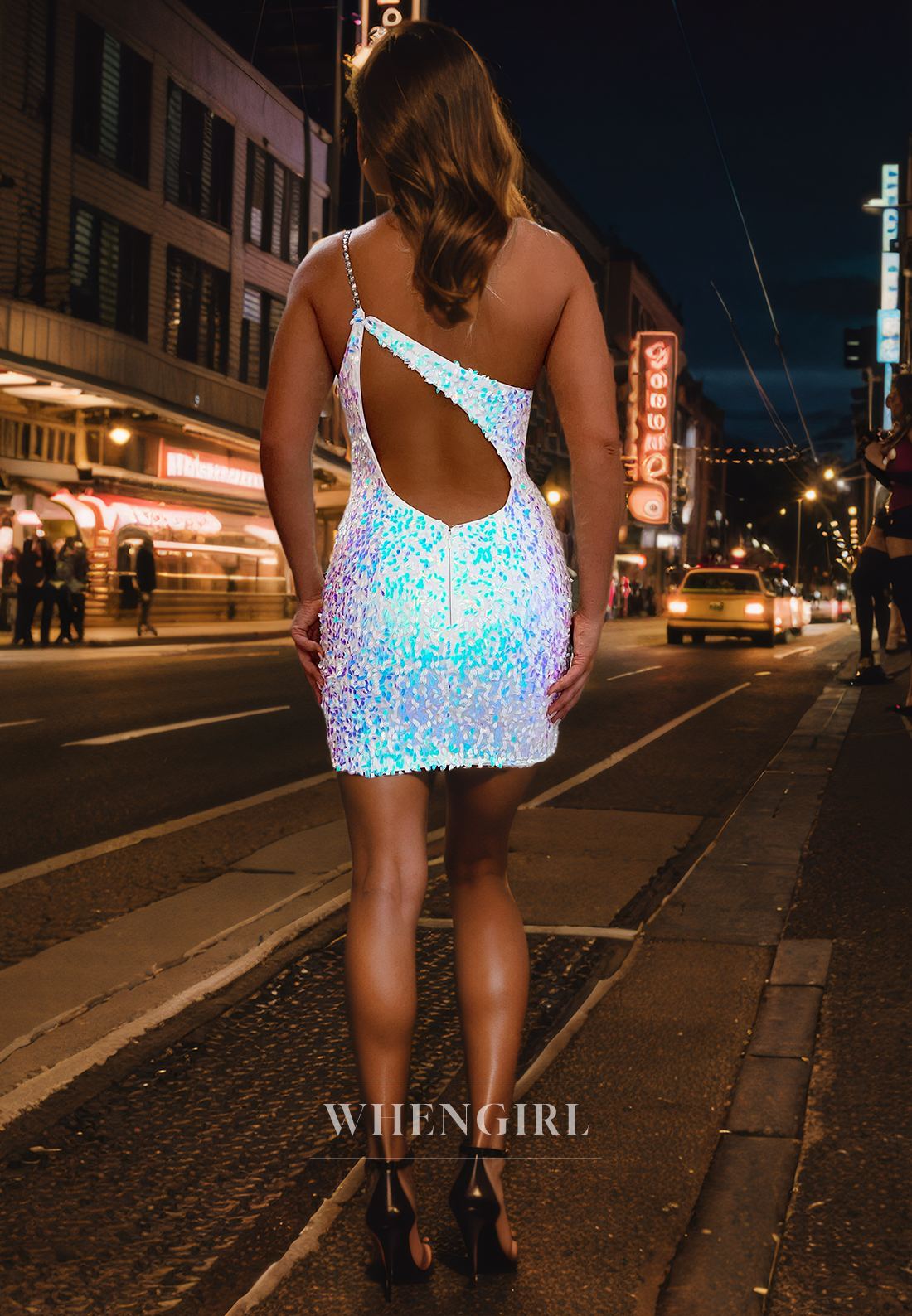 Sheath One Shoulder Sleeveless Fully Sequines Back Zipper Homecoming Dress