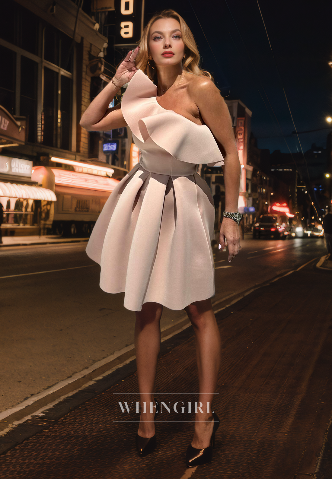 A-Line One Shoulder Sleeveless Rufffles Short Homecoming Dress