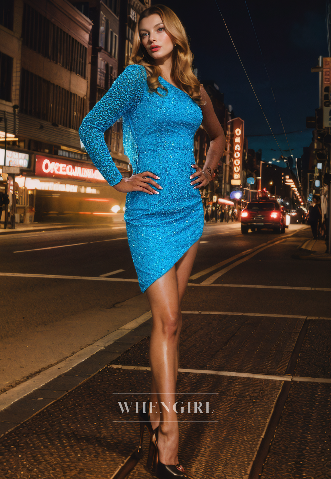 Sheath One Shoulder Long Sleeve Fully Sequins Beaded Short Homecoming Dress