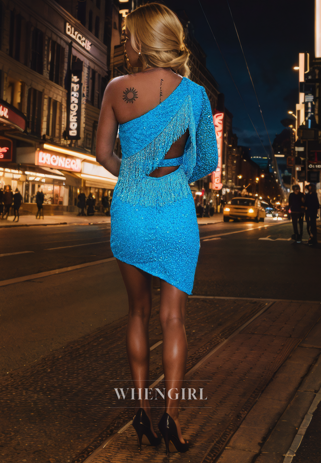 Sheath One Shoulder Long Sleeve Fully Sequins Beaded Short Homecoming Dress