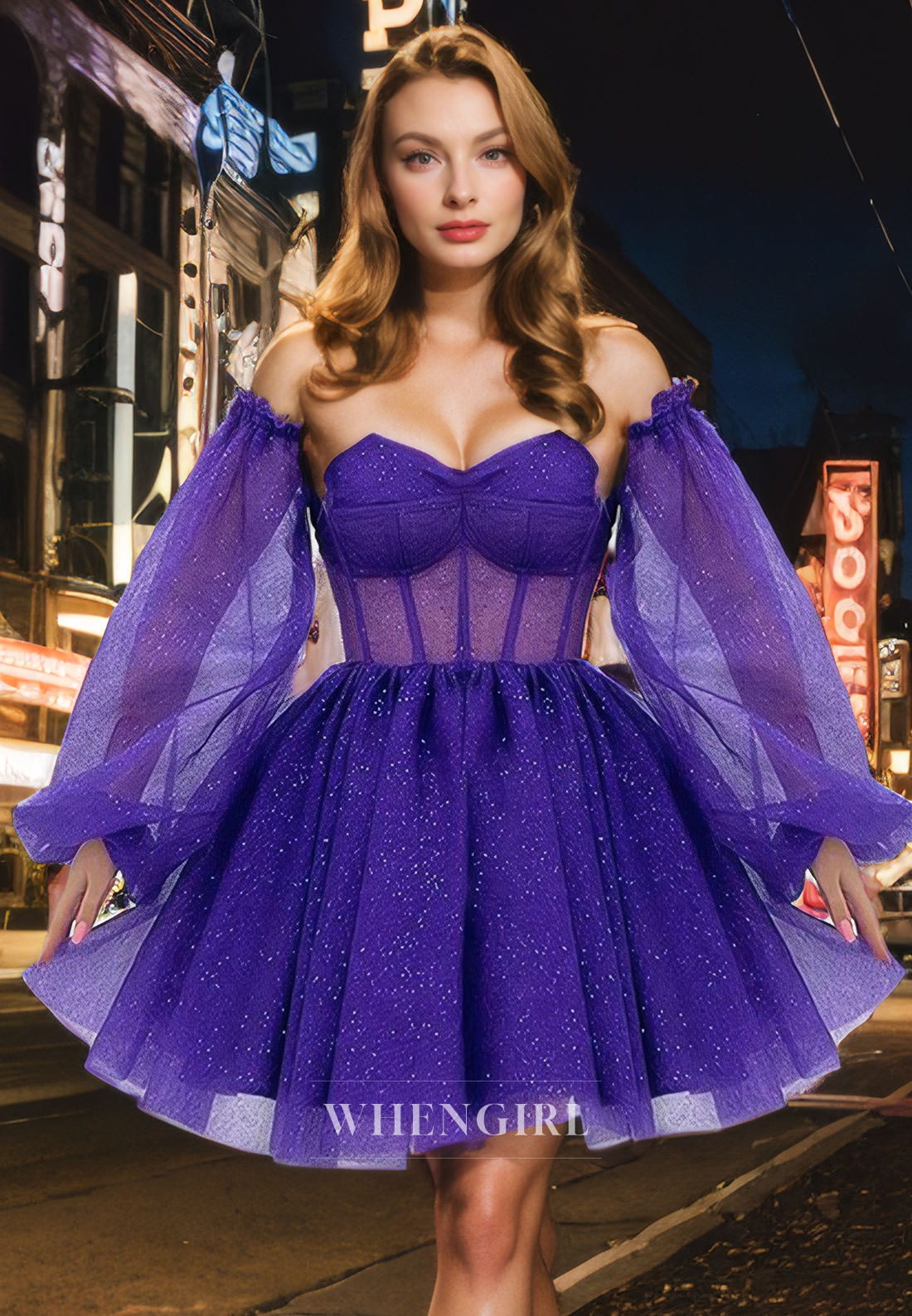 A-Line Strapless Off Shoulder Long Sleeves Illsion Tulle Tiered Homecoming Dress