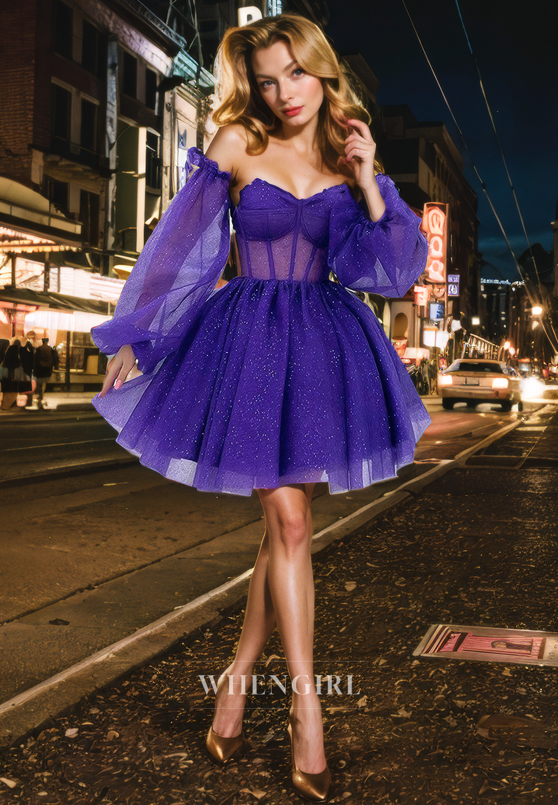 A-Line Strapless Off Shoulder Long Sleeves Illsion Tulle Tiered Homecoming Dress