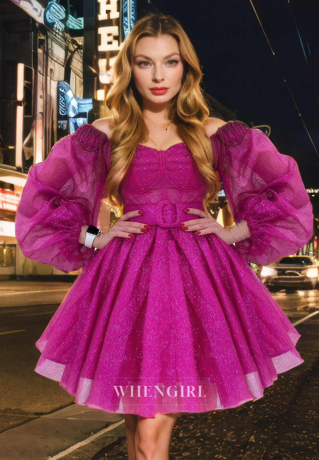 A-Line Off Shoulder Long Sleeves Tulle Belt Short Homecoming Dress