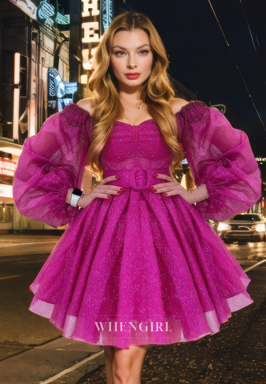 A-Line Off Shoulder Long Sleeves Tulle Belt Short Homecoming Dress
